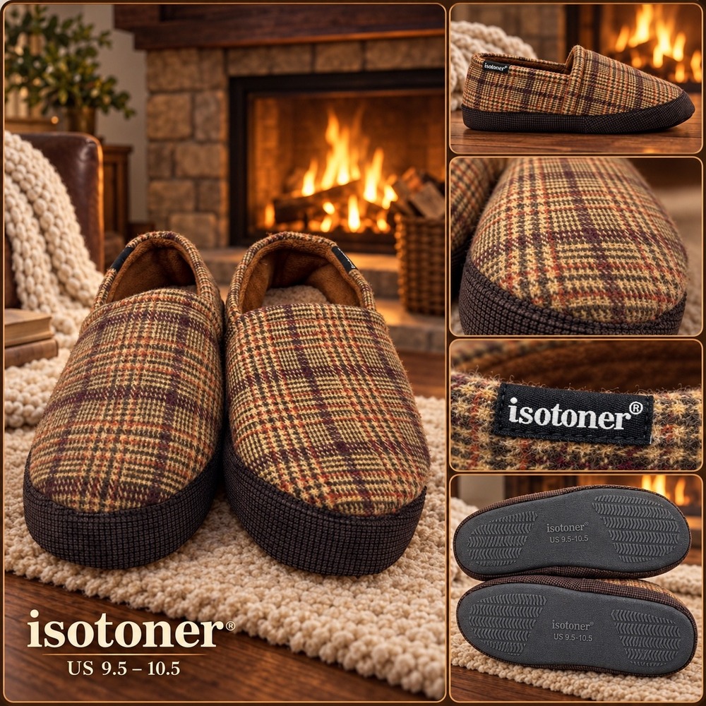 Isotoner Mens Plaid Slippers Brown Tan Slip On House Shoes Size 9.5-10.5